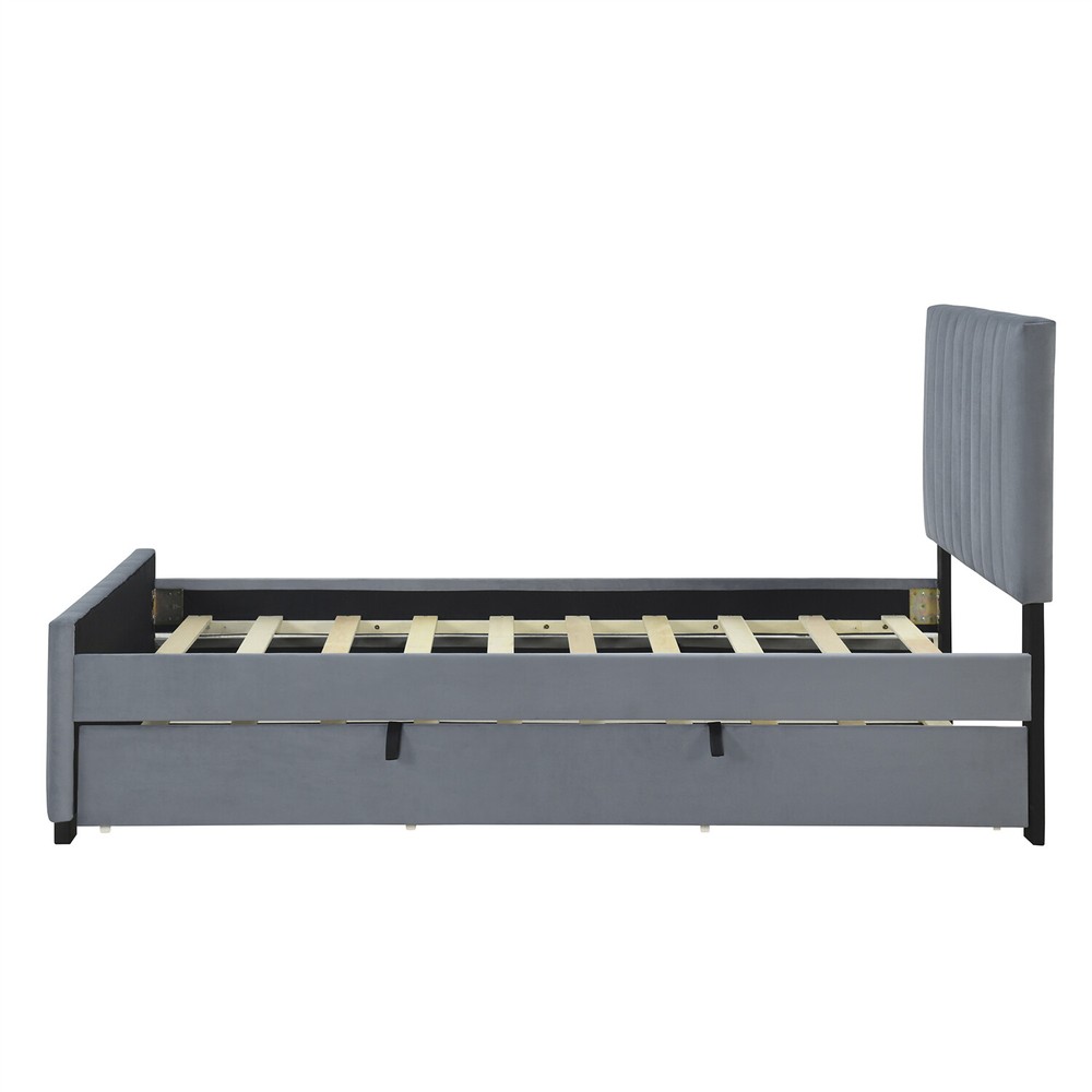 Twin Size Bed Frame Velvet Upholstered Platform Bed w/ Pull Out Trundle Gray