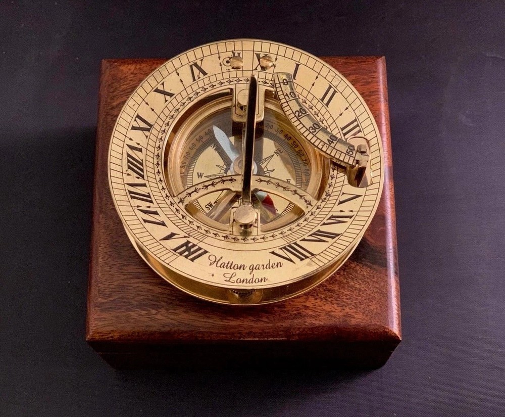 Sundial Compass Solid Brass Vintage Nautical Retro Steampunk Polished Box