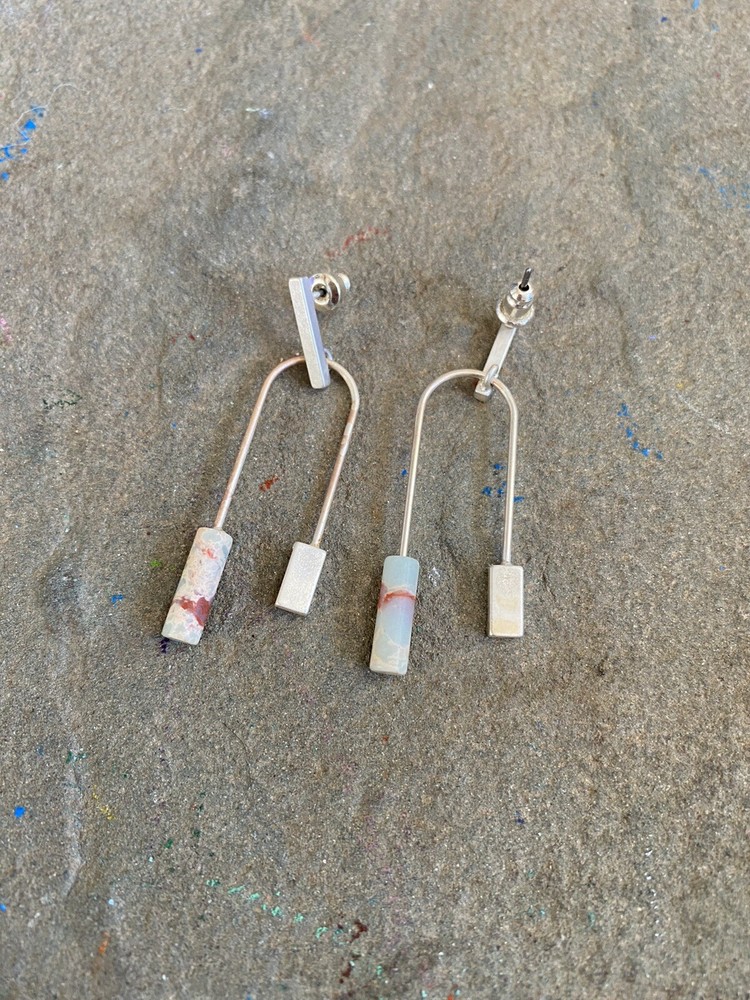 Artisan Earrings Agate Silver Plate U Shape Dangle Stone Block Art