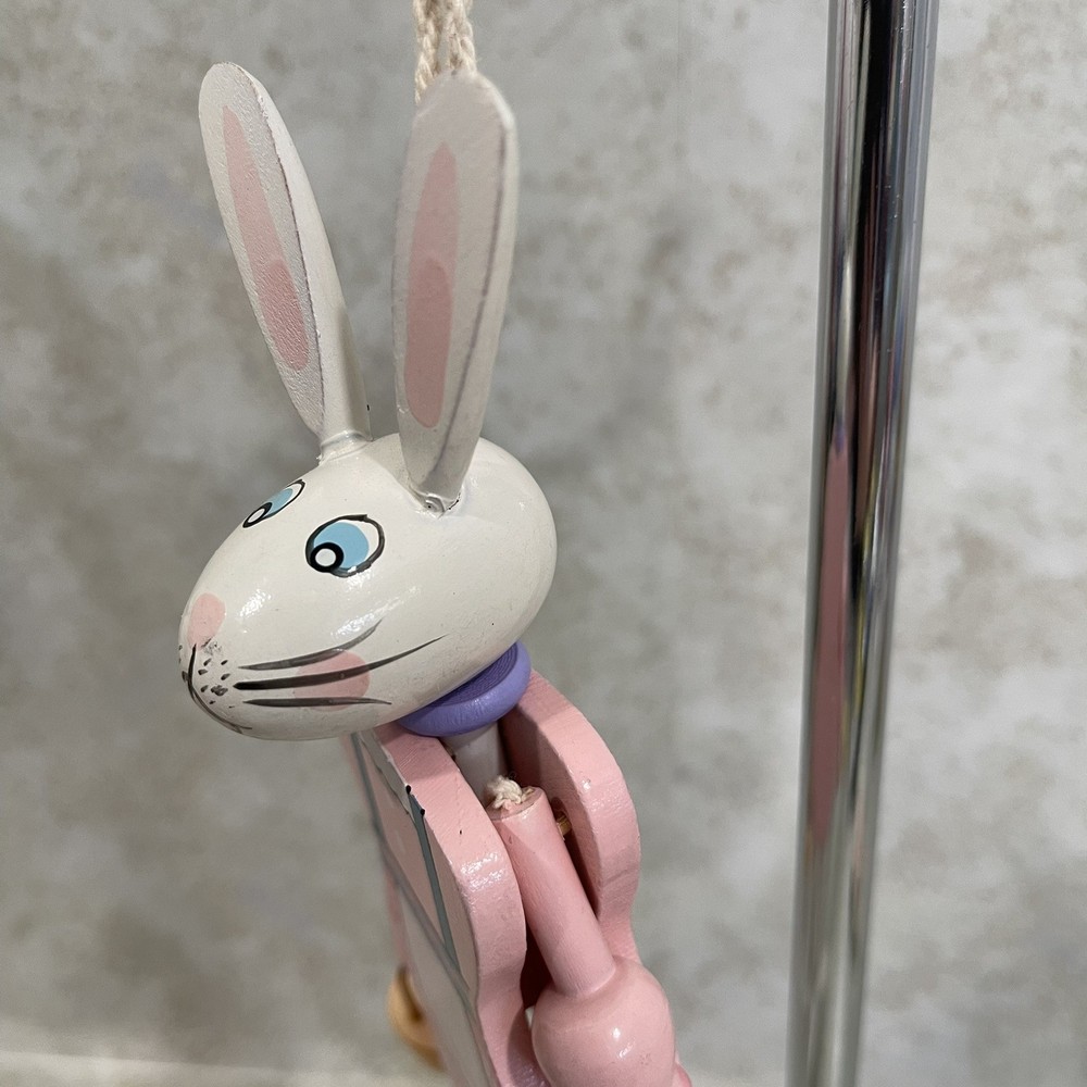 Vintage Wooden Easter Rabbit Bunny Pull-String Toy Jumping Puppet 7.5” H