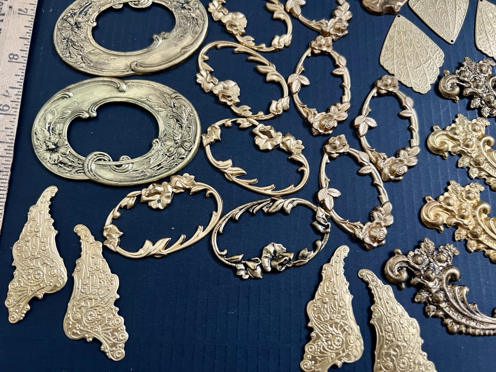 1 Lb + Vtg & New Metal Stampings Brass Gold Frames Settings Pendant Findings Lot