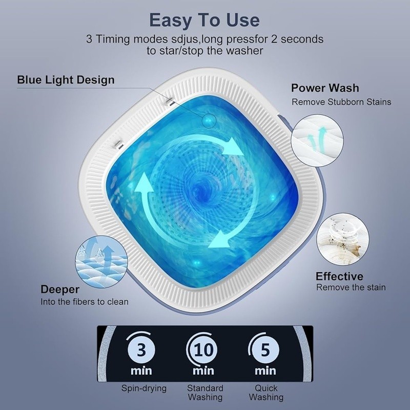 Portable Mini Washing Machine 12L Lightweight Space-saving Intelligent Spin-dry