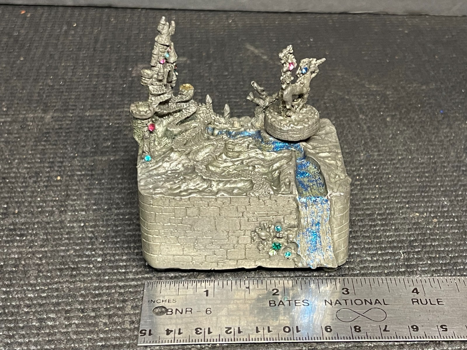 Vintage 1993 CCI Pewter Fantasy Castle & Unicorn Music Box Comstock Creations