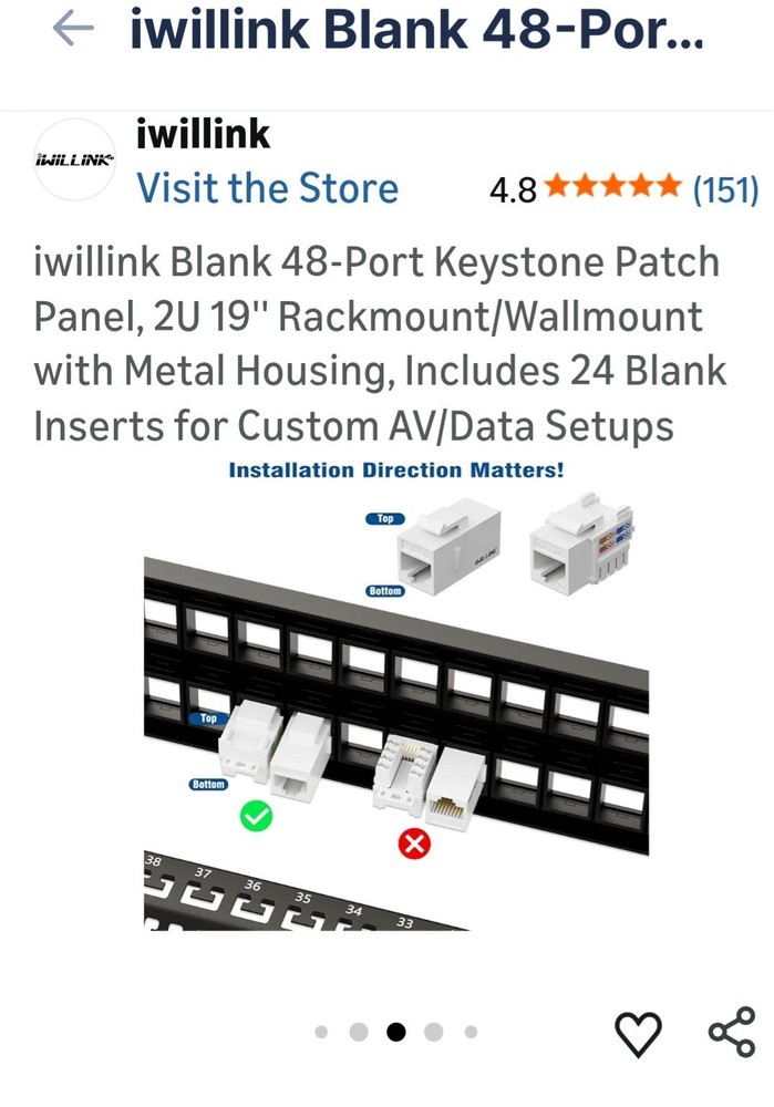 iwillink 48-Port Keystone Patch Panel 2U 19" Rackmount w/ 24 Blank Inserts