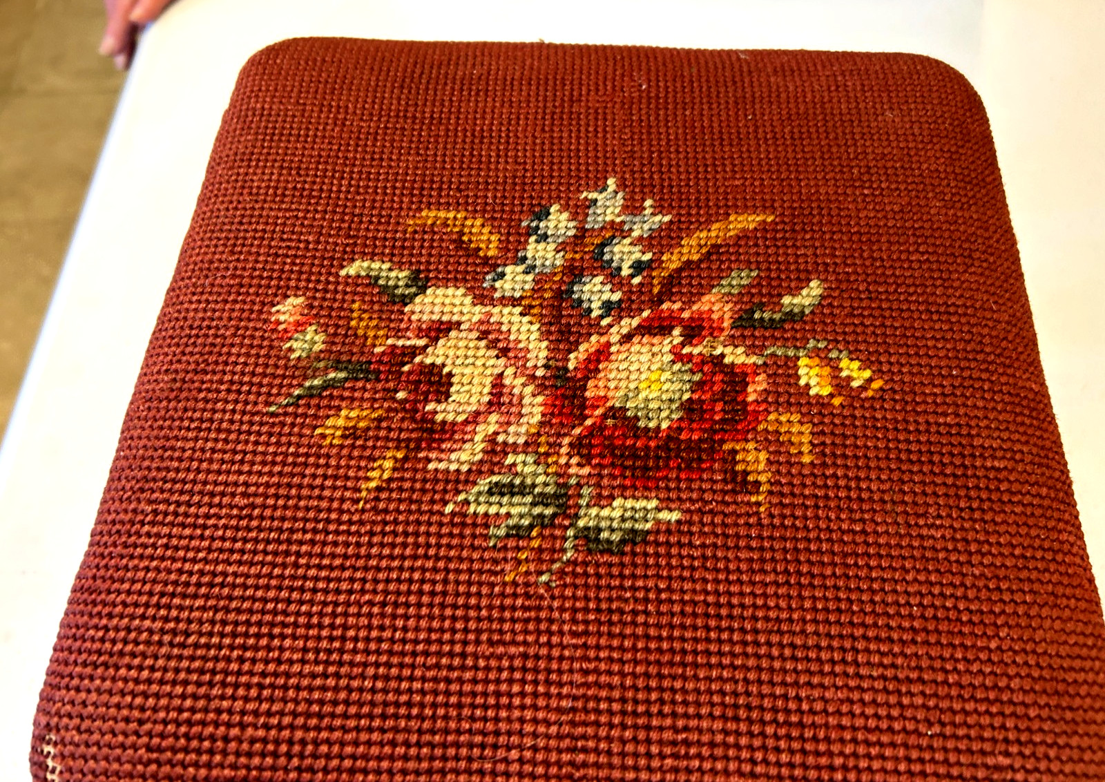 Vintage Footstool Floral Needlepoint Upholstery Victorian Coquette Leg Pad Feet