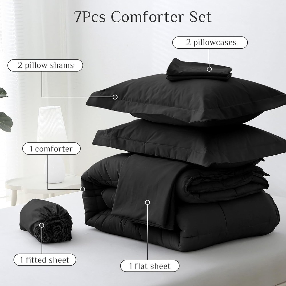 Queen Comforter Set Black, 7 Pieces, Down Alternative, Premium Bedding