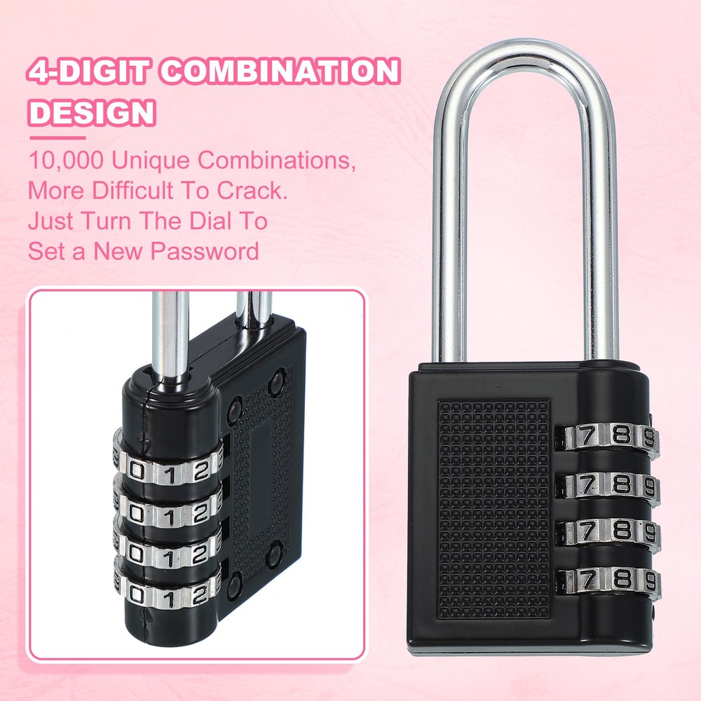 1 Pack Combination Locks Long Shackle 4 Digit Combination Padlock Black
