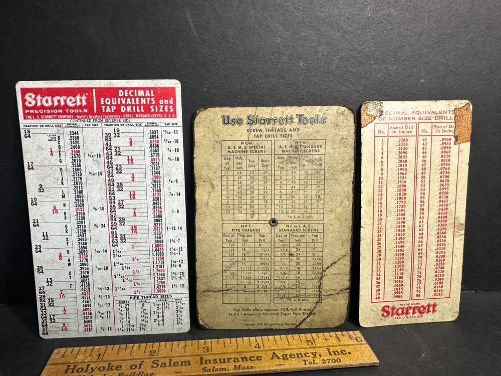 3 Vintage Starrett Screw Threads & Tap Drill Sizes Reference Cards