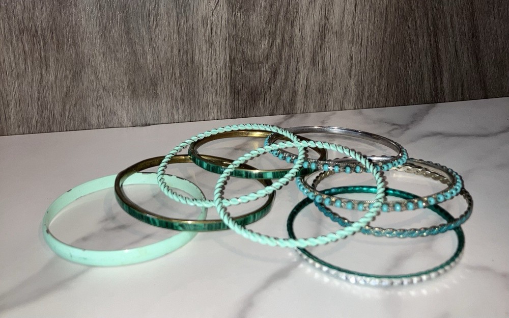 Vintage Green & Teal Metal Bangles Boho Stackable Retro Bracelets x 9