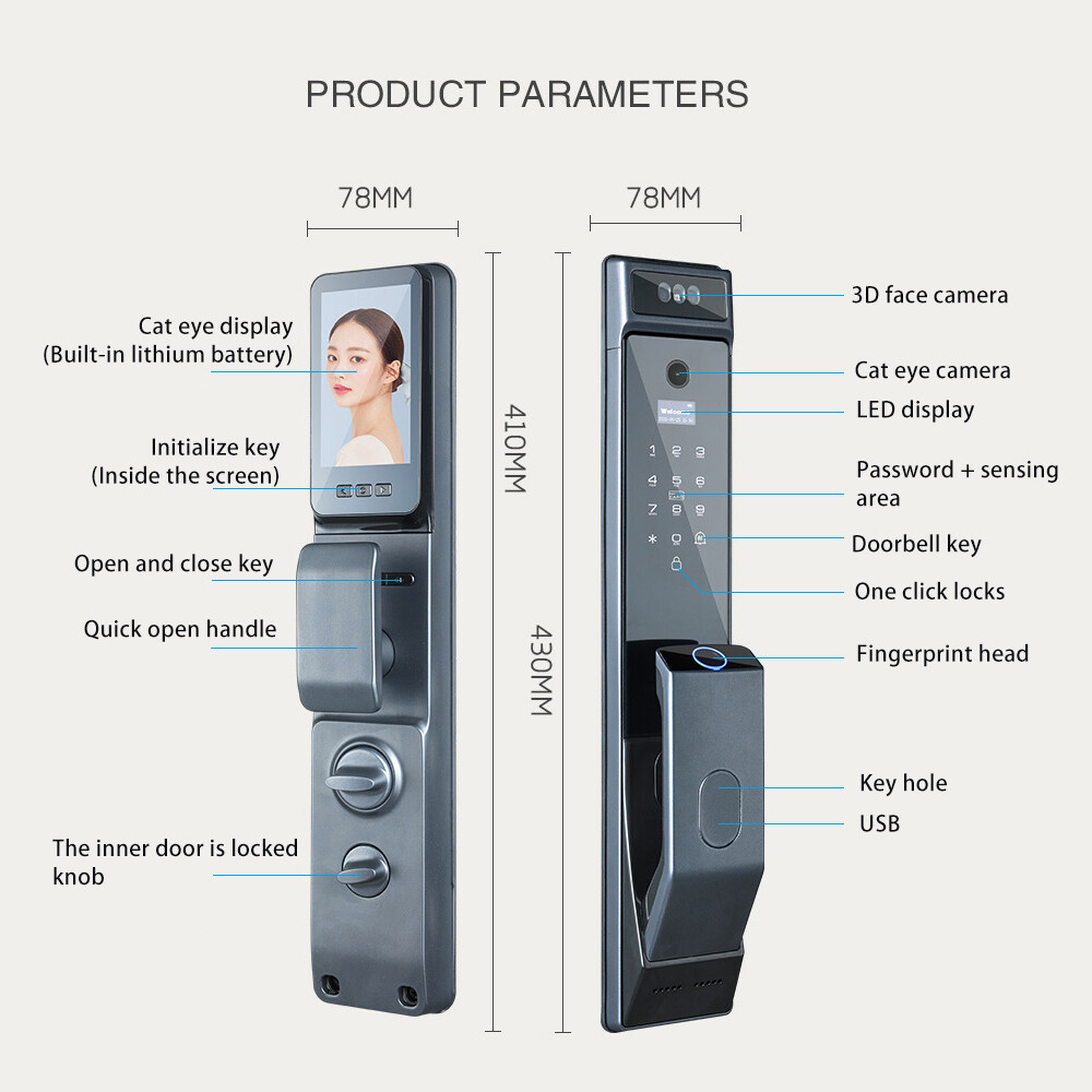 3D Face Recognition Fingerprint Password Smart Door Lock with Camera Security