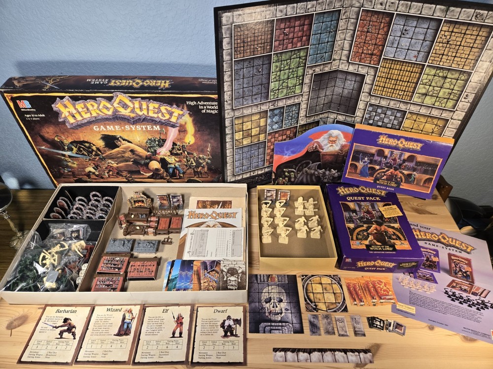 HeroQuest MB Board Game System + Witch Lord Quest Pack both 100% Complete 1990