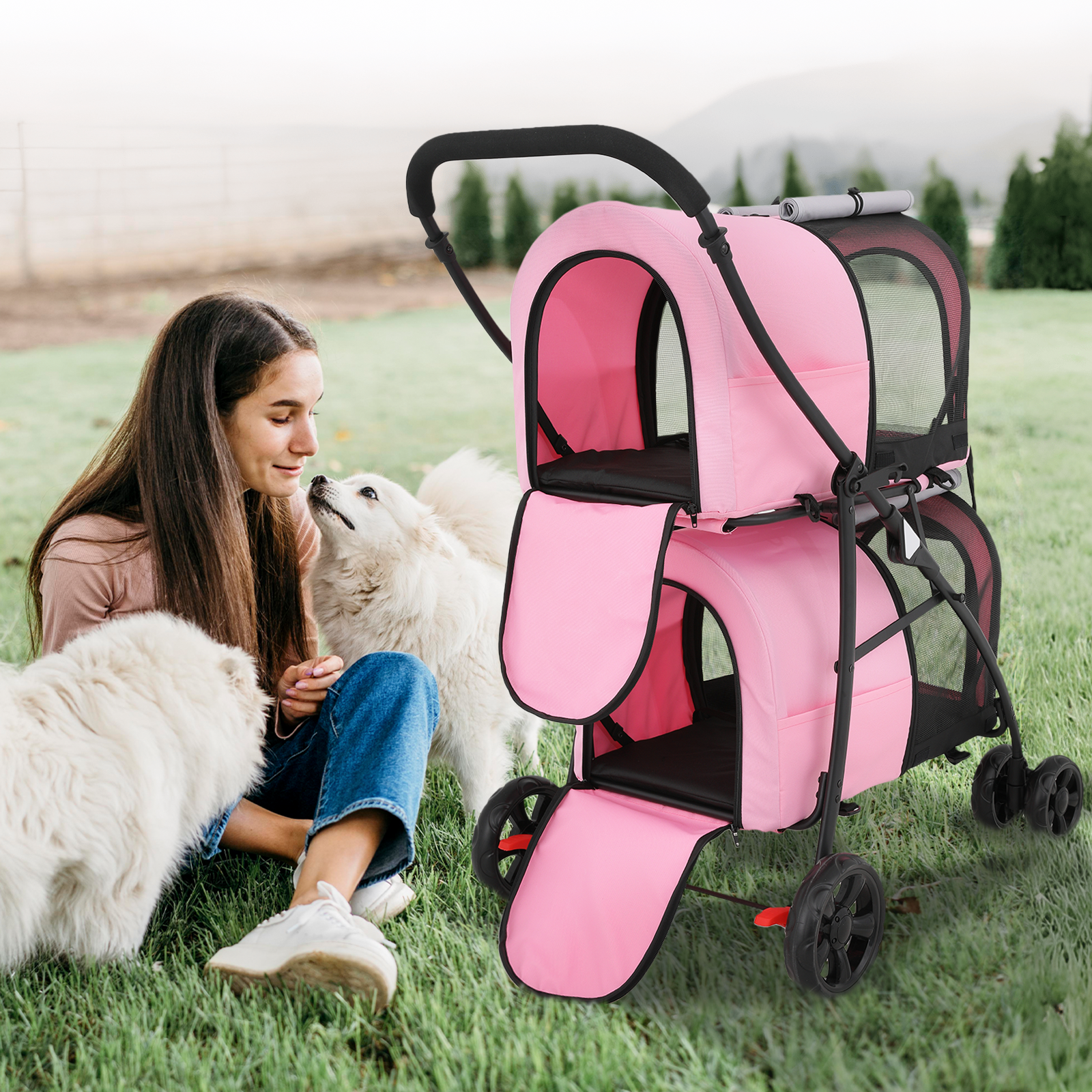 Double 4 Wheels Layer Dog Stroller Folding Carrier Cage Travel Detachable Basket