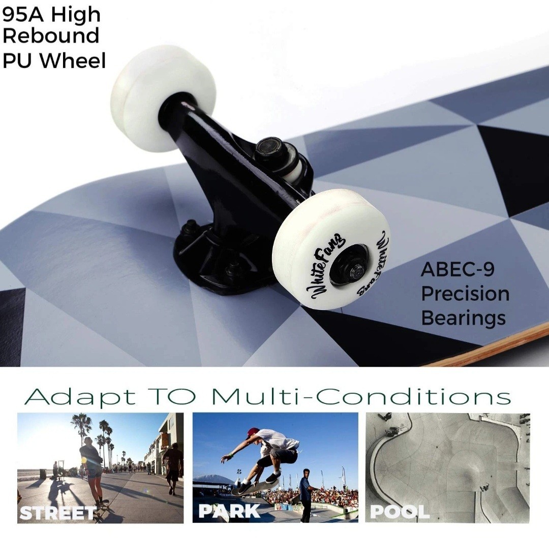 WhiteFang Skateboards, Complete Skateboard 31 x 7.88, 7 Layer Canadian Maple