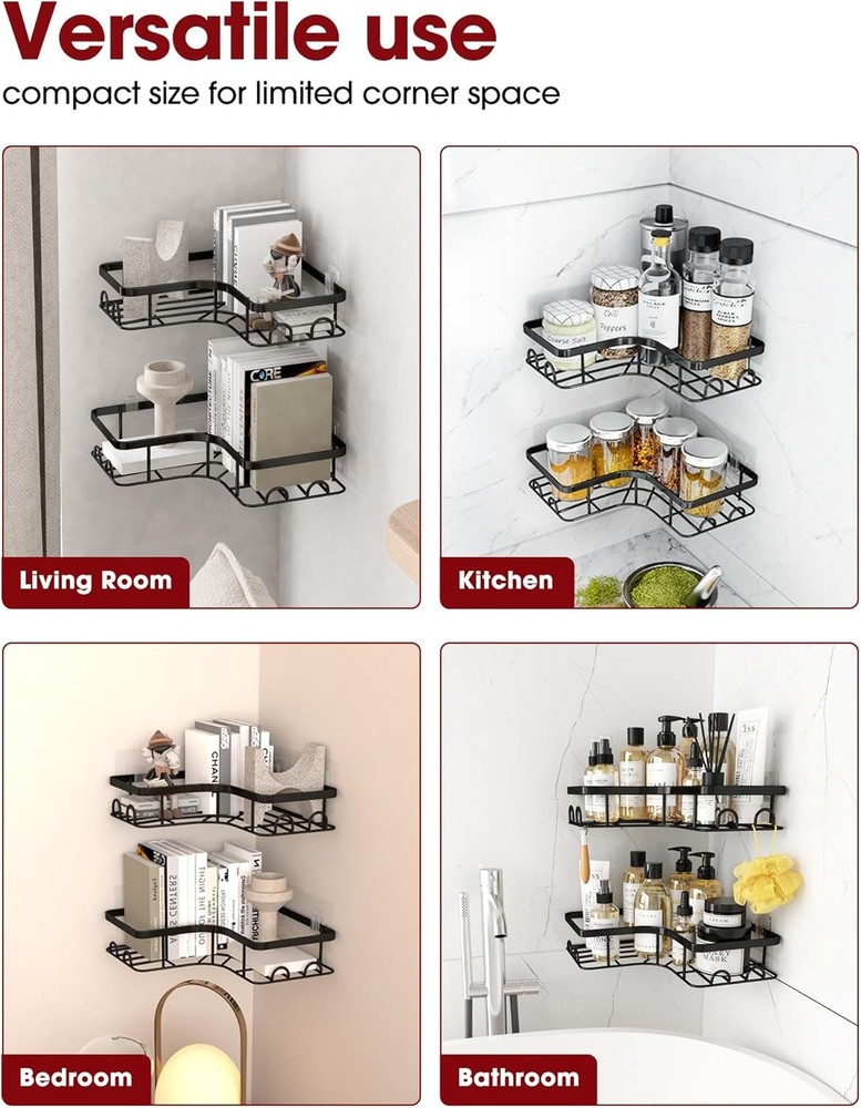 Corner Shower Caddy - 2 Pack, Adhesive Organizers, Medium, Black