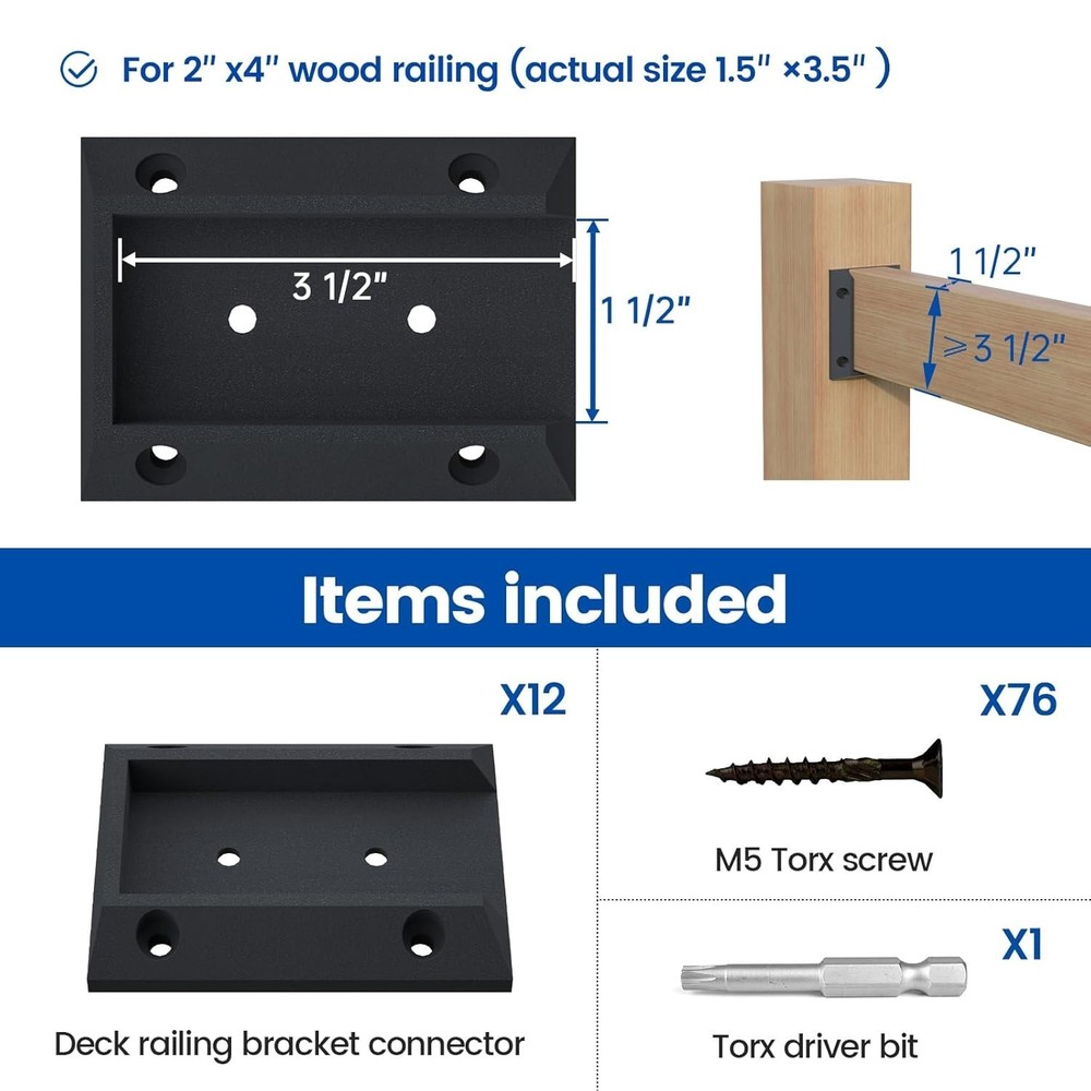 Sturdy 12Pc Bracket Kit for 2x4 Deck Railings - Includes 76 Screws & Driver Bit