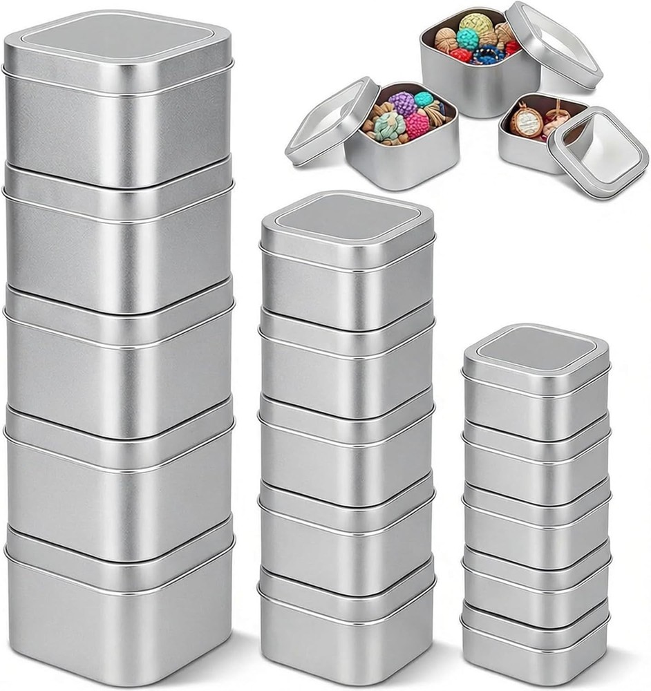 18-Pack Empty Square Silver Metal Tins with Clear Window for Candle Making, C...