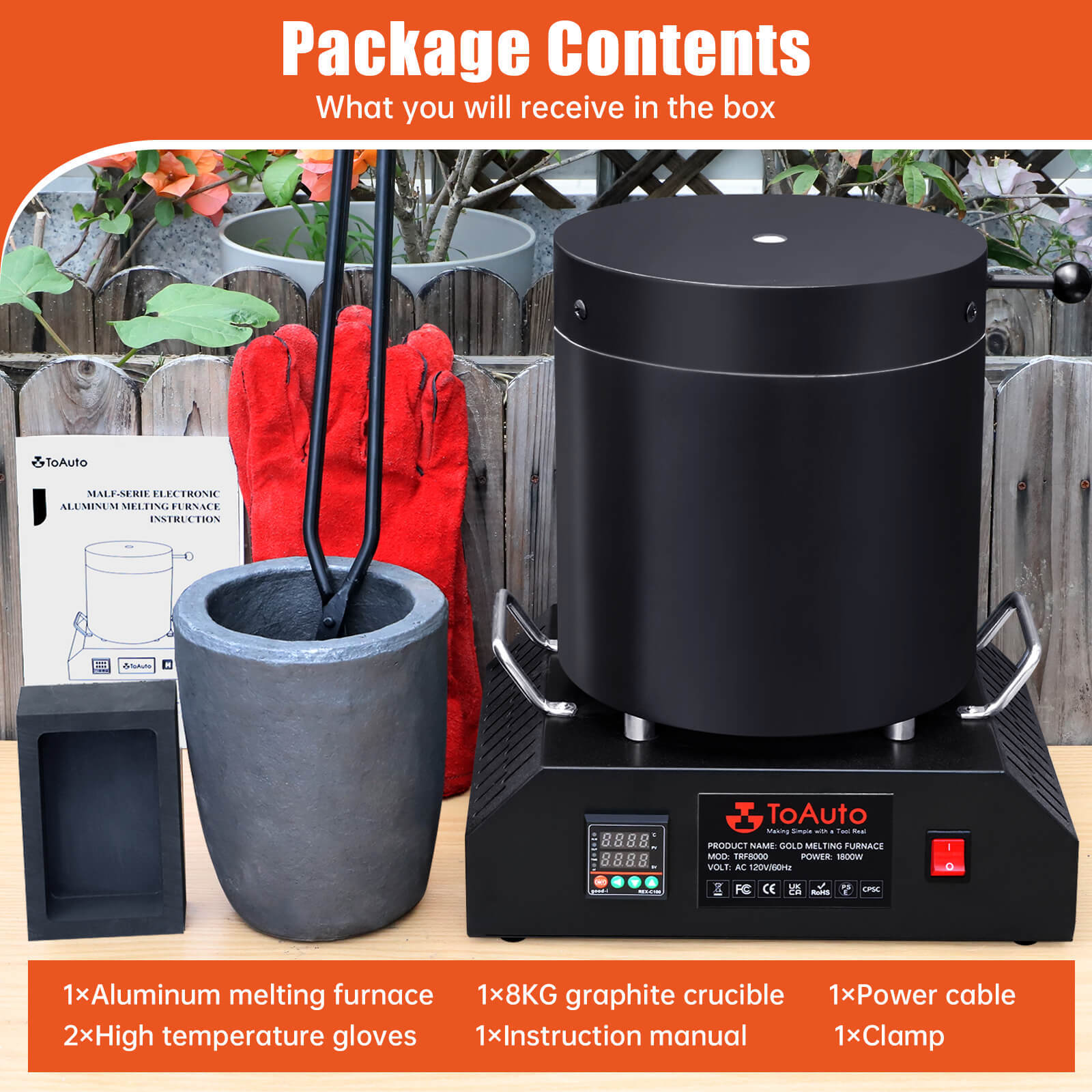TOAUTO 8KG Electric Aluminum Melting Furnace 1800W Smelter Temperature Control