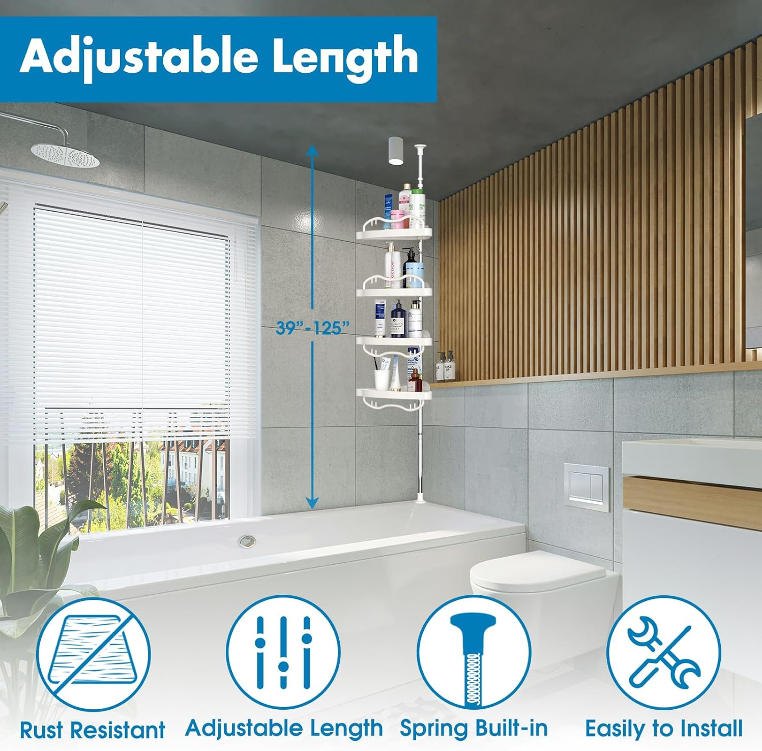 39"-125" high Tension Pole 4 Tier shower caddy shampoo soap Rack holder shelves