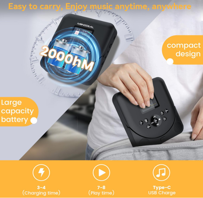 Portable Bluetooth CD Player with Speakers, FM Transmitter, Rechargeable