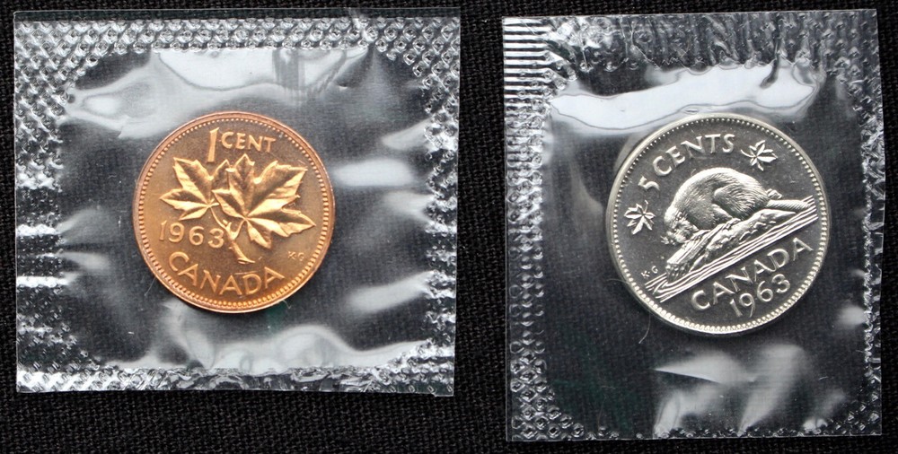 1963 CANADA 1 CENT & 5 CENT PROOF-LIKE COINS - Cut from Set