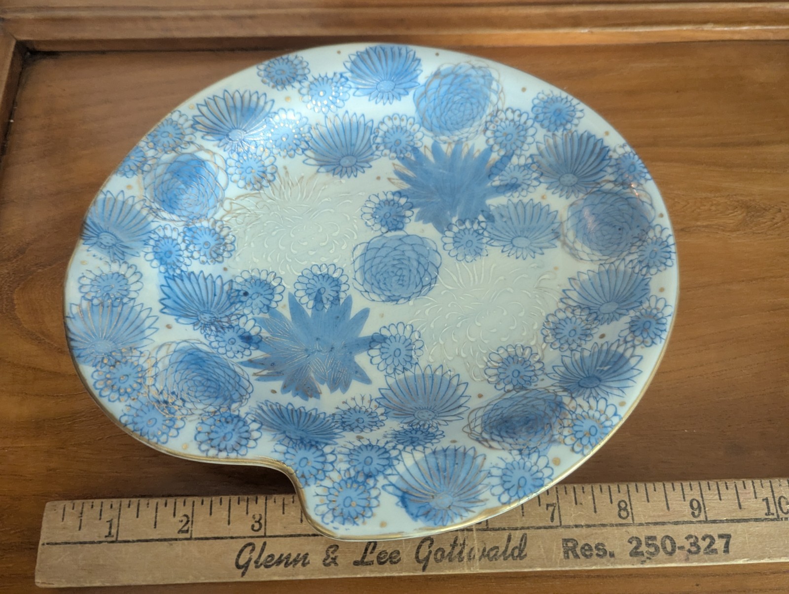 Vtg Kutani Gold Chrysanthemum Flower Japan Blue Trinket Dish Ashtray MCM Art