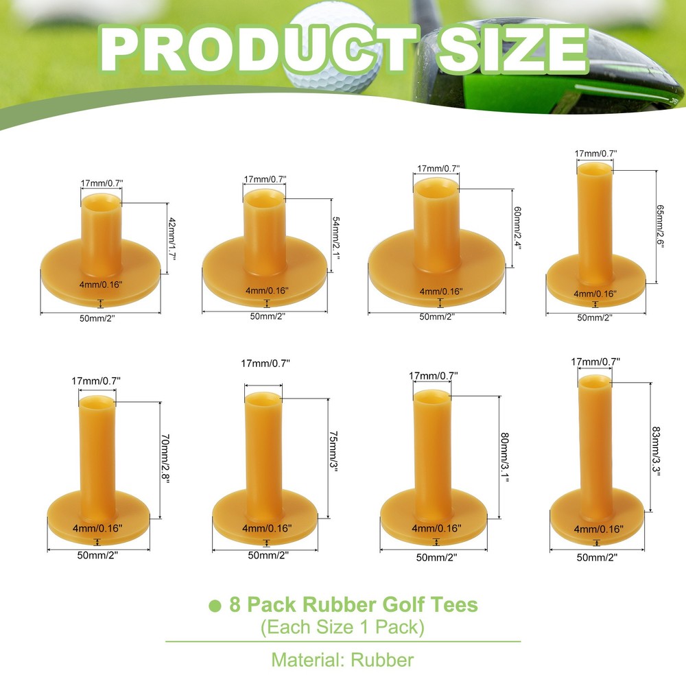 Rubber Golf Tee, 8 Pack Mixed Size Golf Tees Training Tee, Yellow