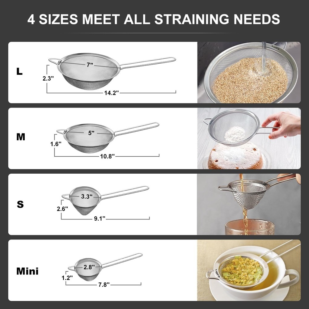 Fine Mesh Strainer 4PCS,Versatile Kitchen Strainer w/ Handle- 7", 5", 3.3", 2.8"