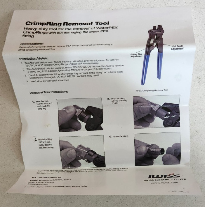 IWISS PEX CRIMP RING REMOVAL TOOL 1/2''- 1''