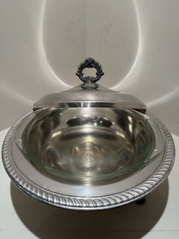1883 FB ROGERS SILVER CO. COVERED SERVING DISH W PYREX GLASS BOWL INSERT