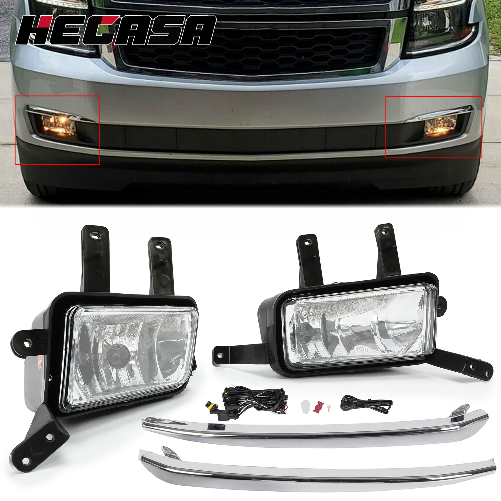 For 2015-2020 Chevy Suburban/Tahoe Fog Lights Lamps w/Chrome Trim+Switch+Bulbs