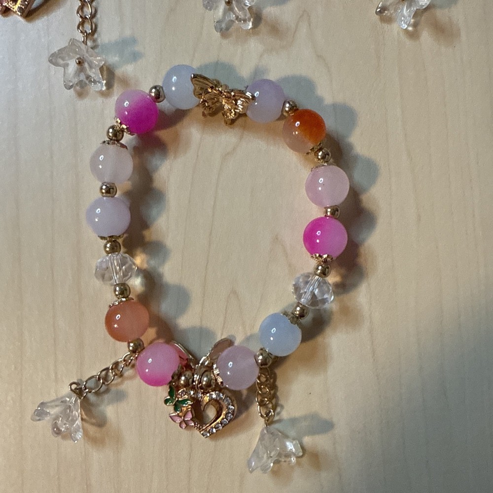 Handmade Multicolor Glass Beaded Bracelets w/ GoldTone Charms 3 pcs Stackable