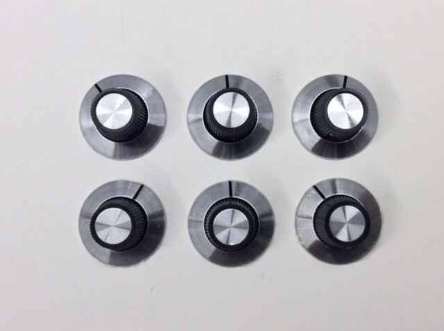 Six Vintage Electronic Equipment Control Knobs Black and silver 6.4mm grub screw