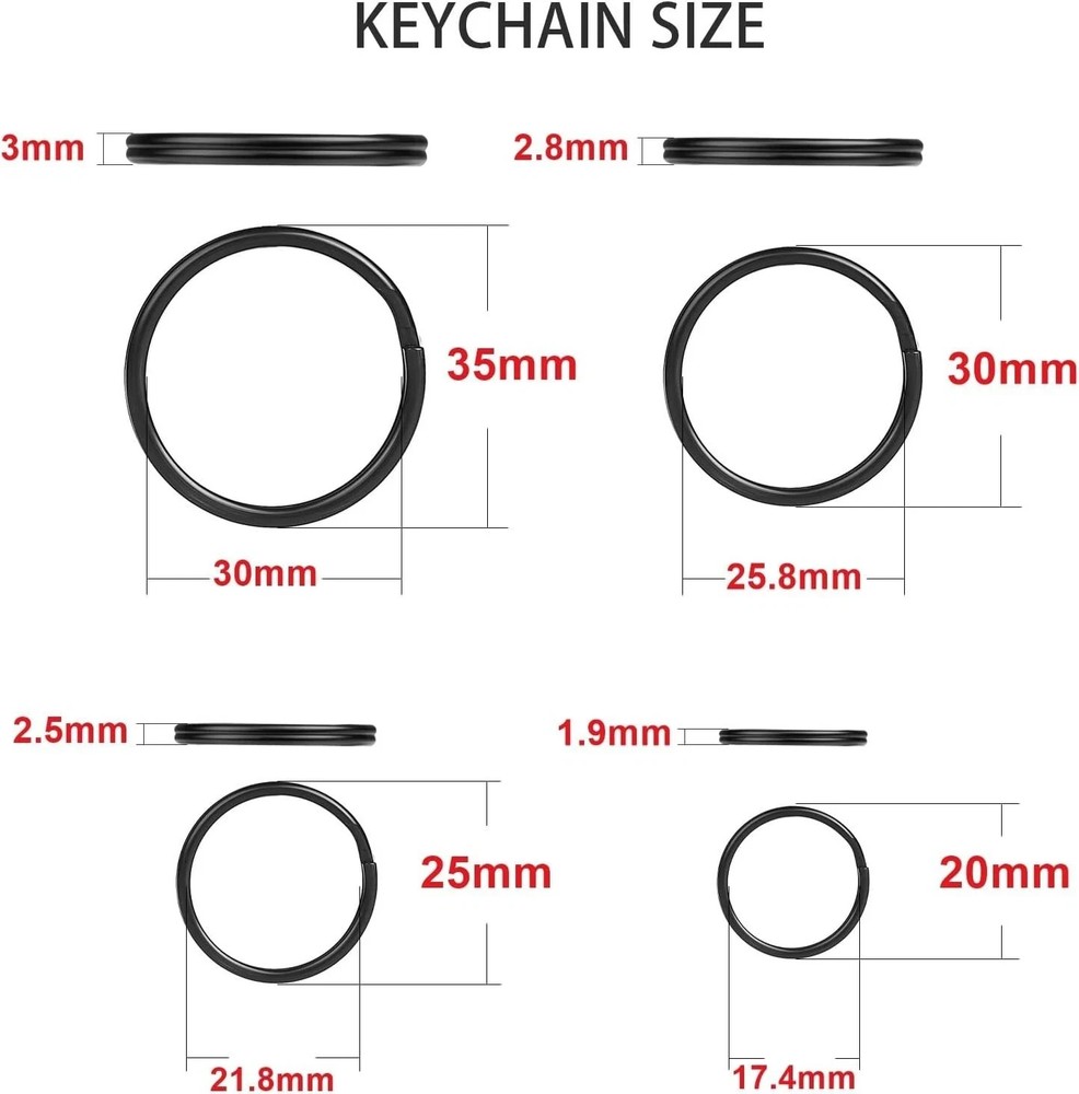 40 Pack Key Ring Keychain Mix 4 Sizes Black Metal Flat Split Key Chains Rings...