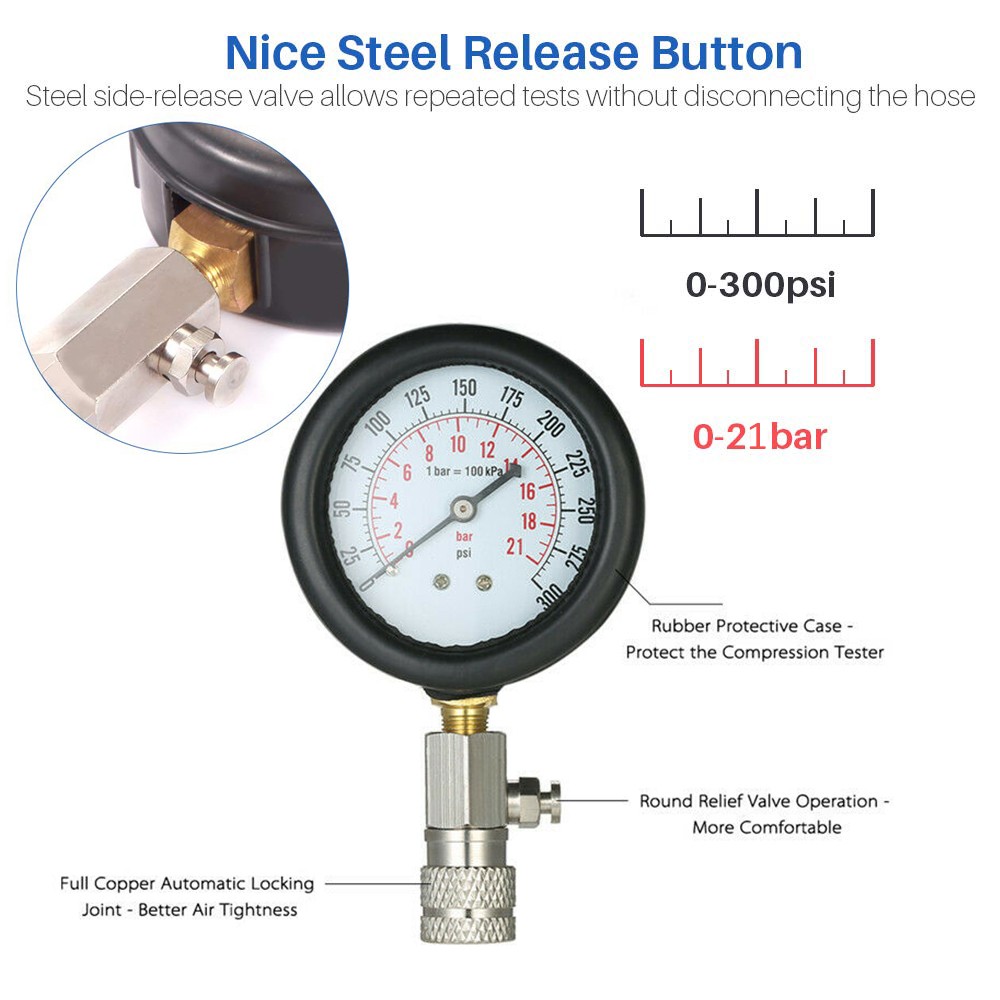 Moto Engine Cylinder Compression Gauge Tester Kit Gas Engine Diagnostic Tool US
