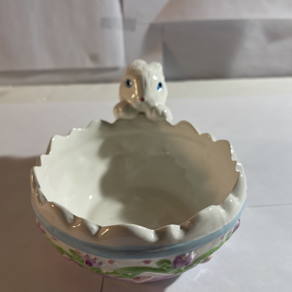 Ceramic Easter Egg Bowl with Bunny Flowers Vintage