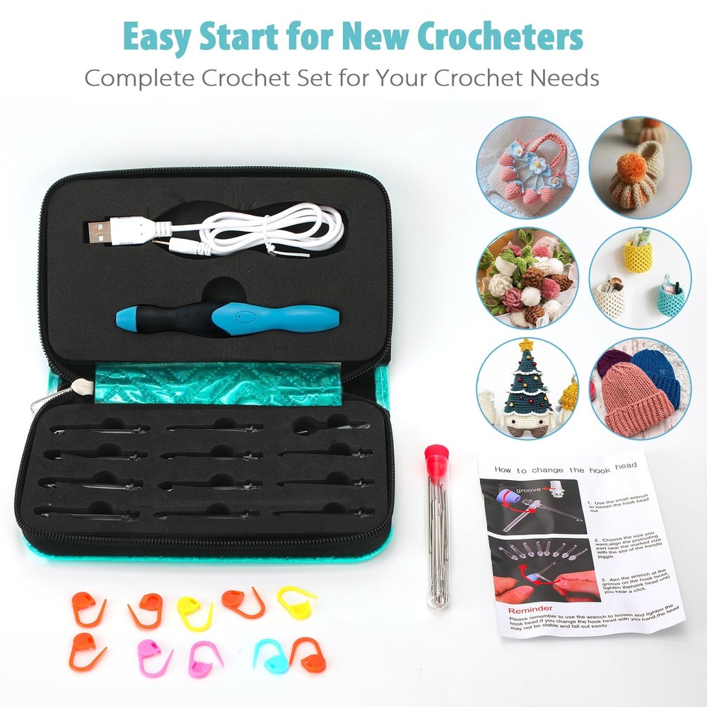 Rechargeable Lighted Crochet Hooks 11 Sizes Interchangeable Heads with Handle