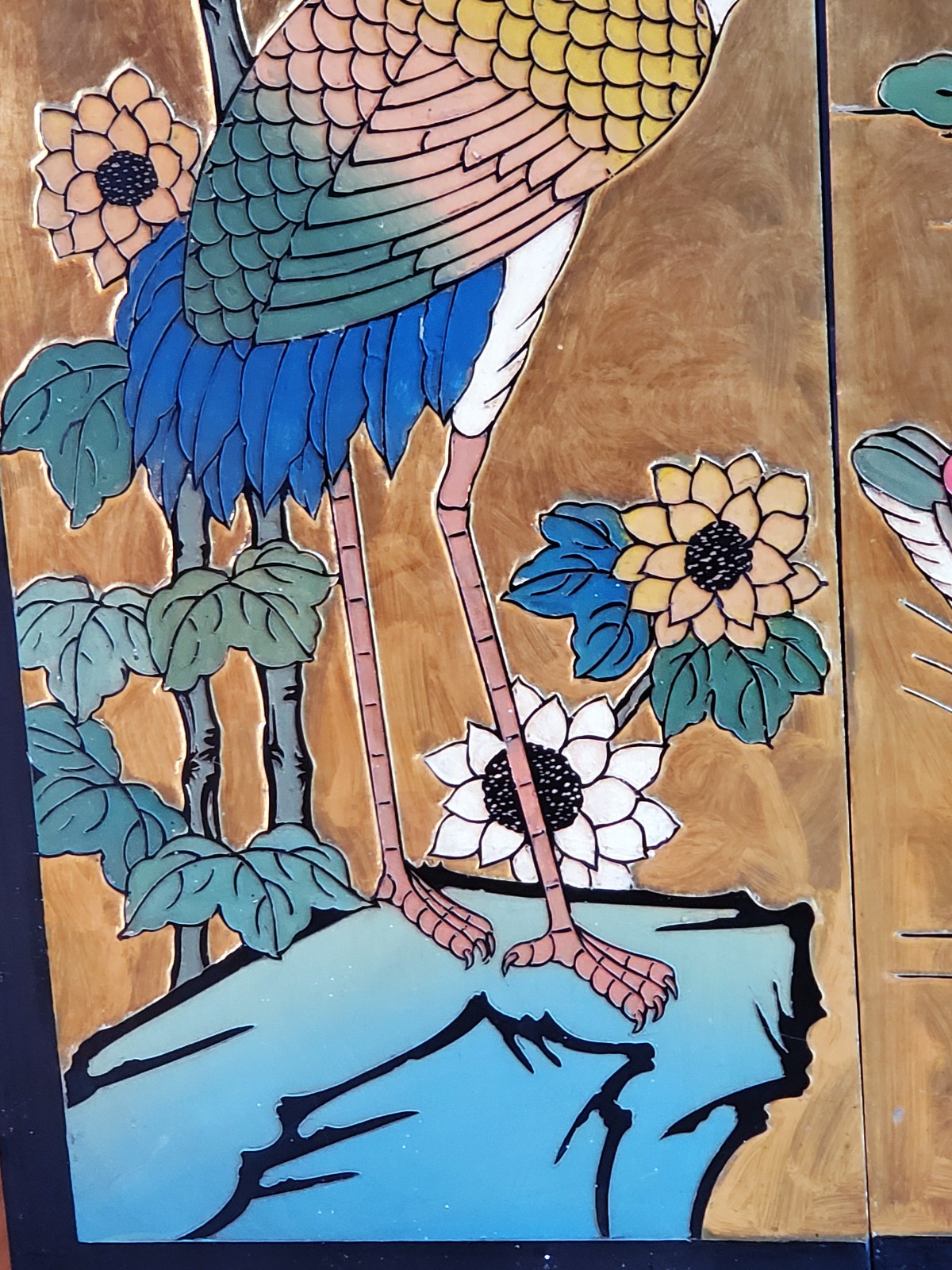 Gold Lacquered Chinese Screen 1960s Excellent Lotus Cranes Doves Flowers !