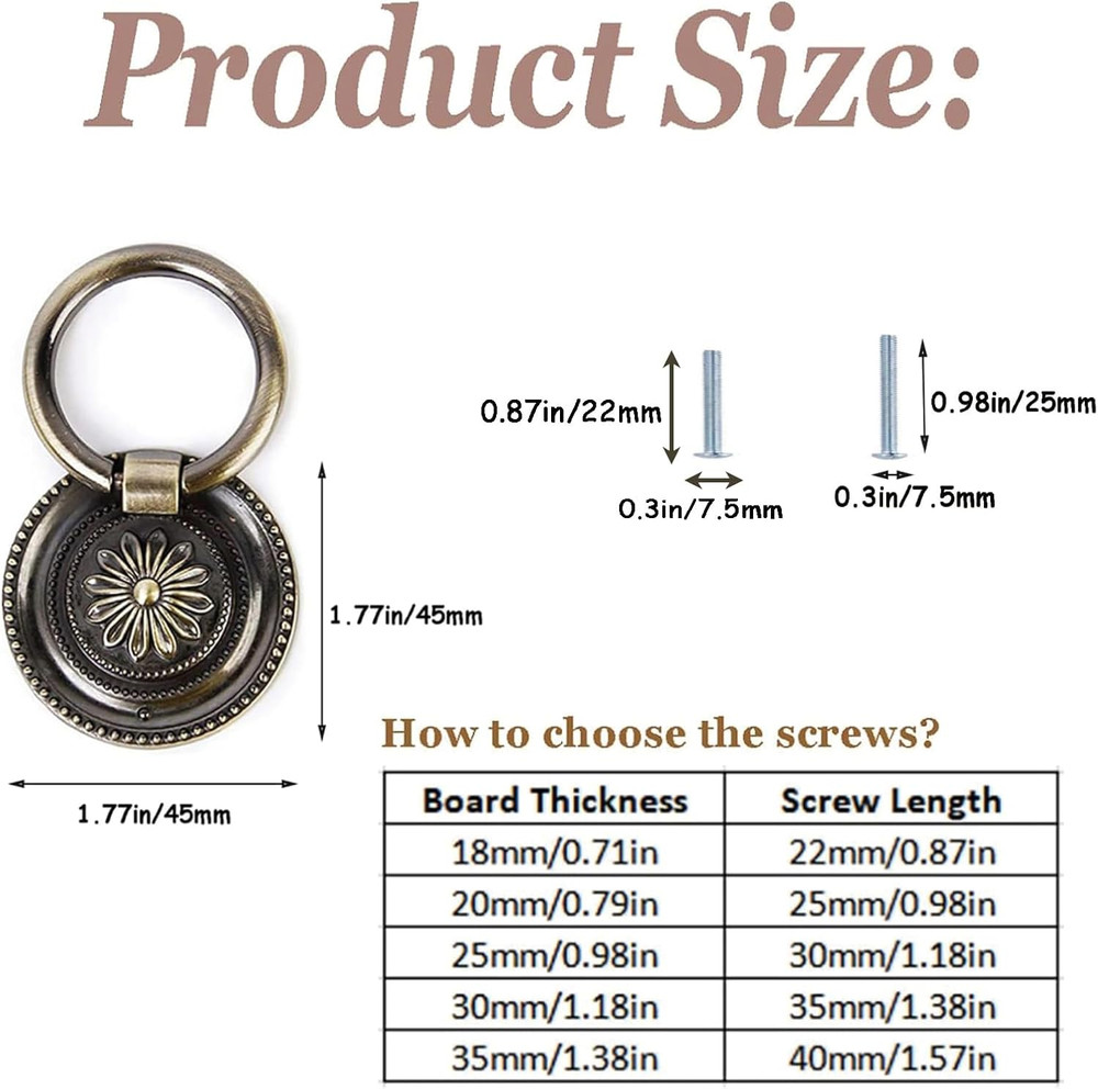 6 Pack Antique Bronze Drawer Pulls 1.77" Round Ring Handles Cabinet Knobs