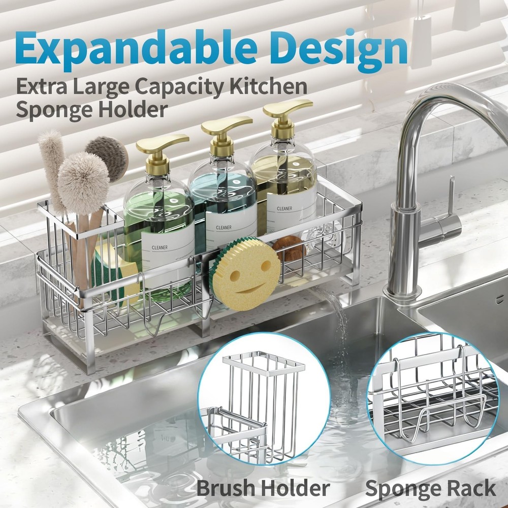 Aurblozen Extra Large Extendable Sponge Holder for Kitchen Sink, Rustproof Si...
