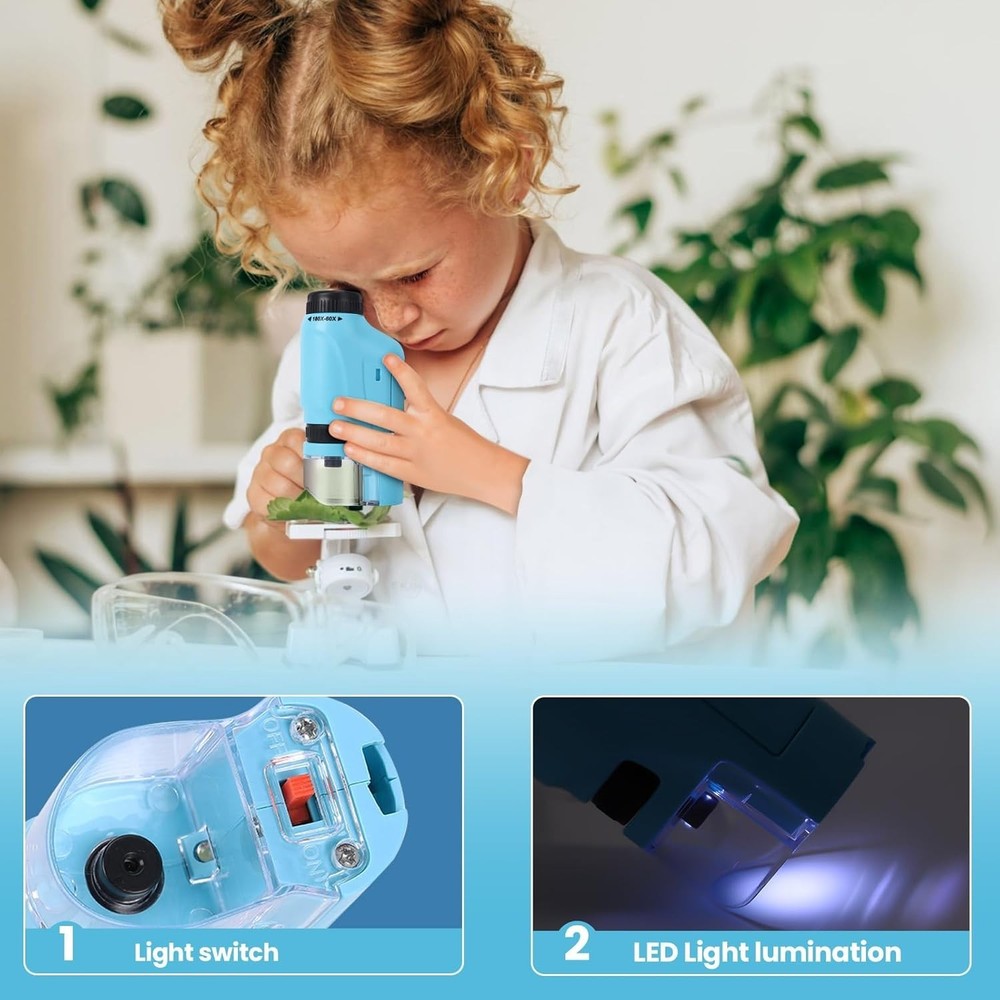 Portable Mini Microscope Handheld 60x-180x Lighted Microscope W/4 Slides, Blue