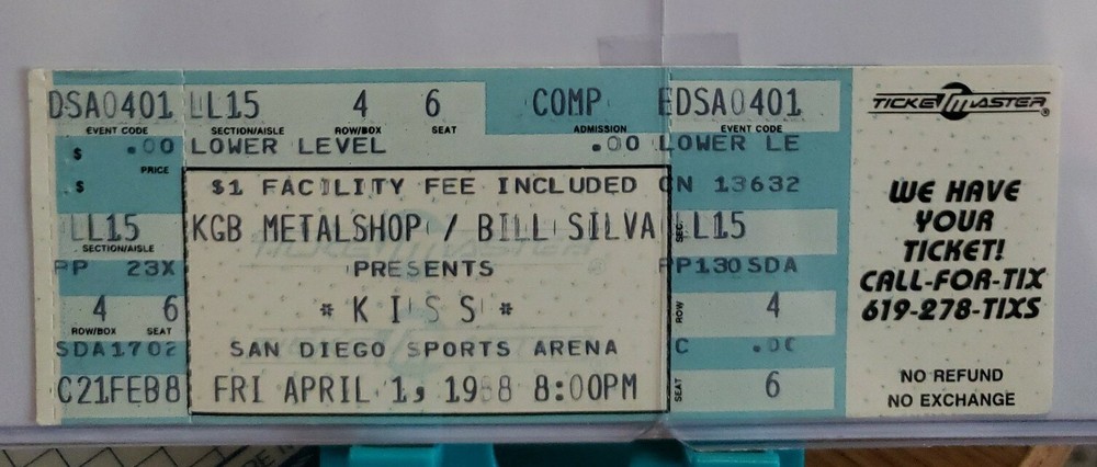 KISS Concert Full Ticket April 1 1988 KGB 101 Metal Shop Bill Silva San Diego
