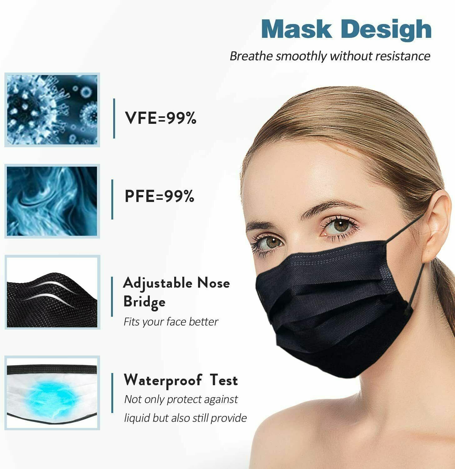 10/50/100 PCS Black Disposable Face Mask Non Medical 3-Ply Earloop Dust Cover