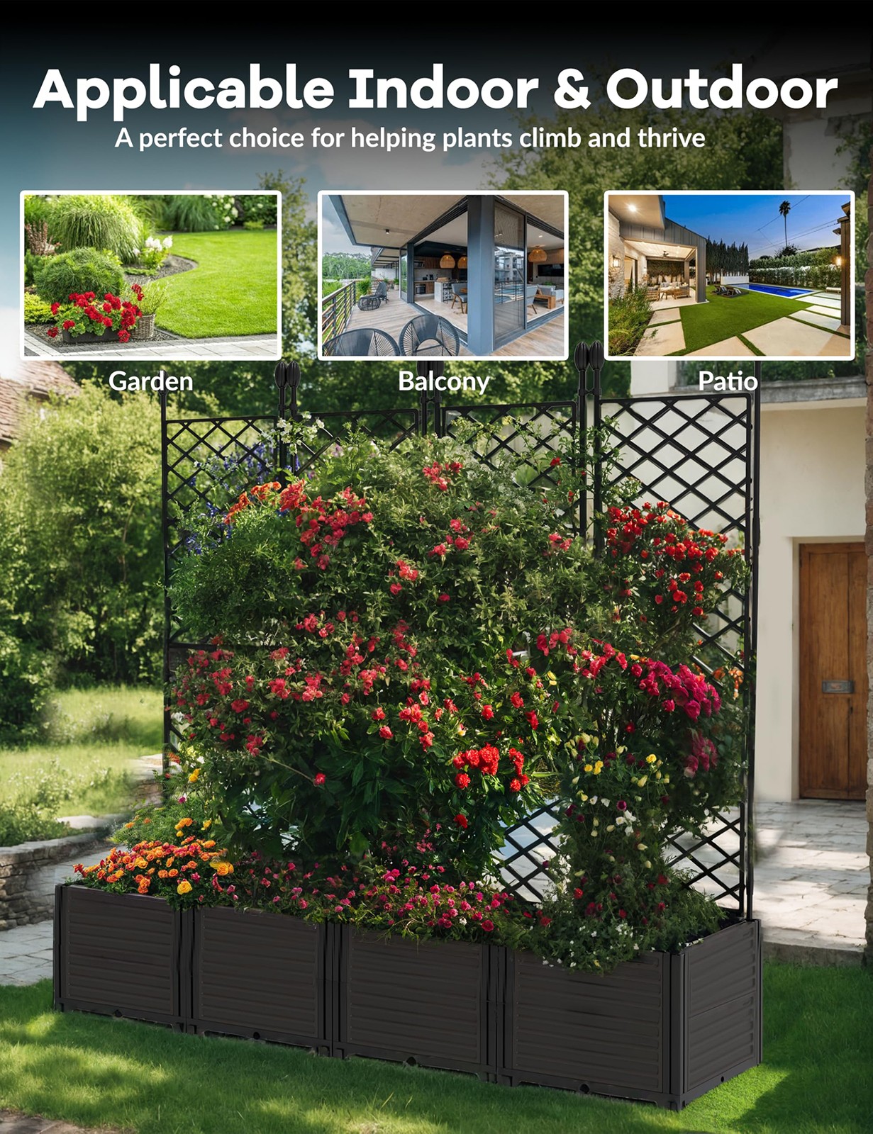 4PCS/Set Planter Box with Trellis Raised Garden Bed for Climbing Plants 63"Tall