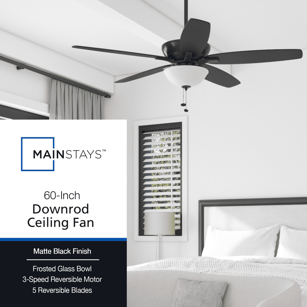 60" Black Ceiling Fan with Light, 5 Blades, Reverse Airflow, Pull Chain Control