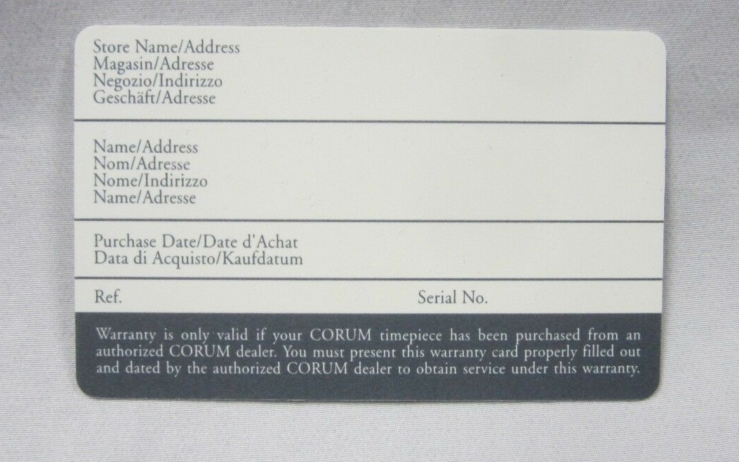 CORUM Open & Blank International Watch Warranty Card Genuine New-Old-Stock