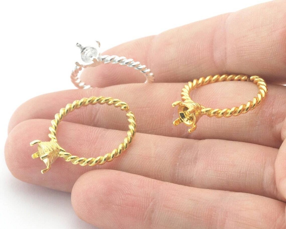 Twisted Blank Textured Cup Bezel Adjustable Ring Raw,Gold Plated,Silver 4324