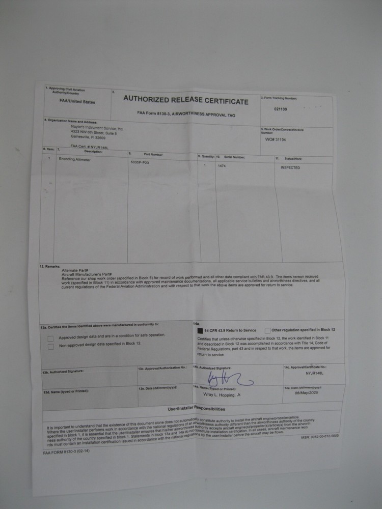 UNITED INSTRUMENTS ENCODING ALTIMETER PN: 5035P-P23 TESTED 8130