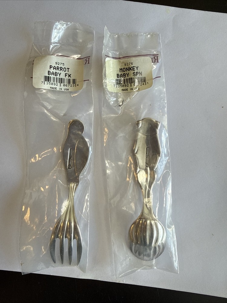 Reed & Barton Safari PARROT & MONKEY Silverplated BABY Spoon & Fork 2 Pc Set