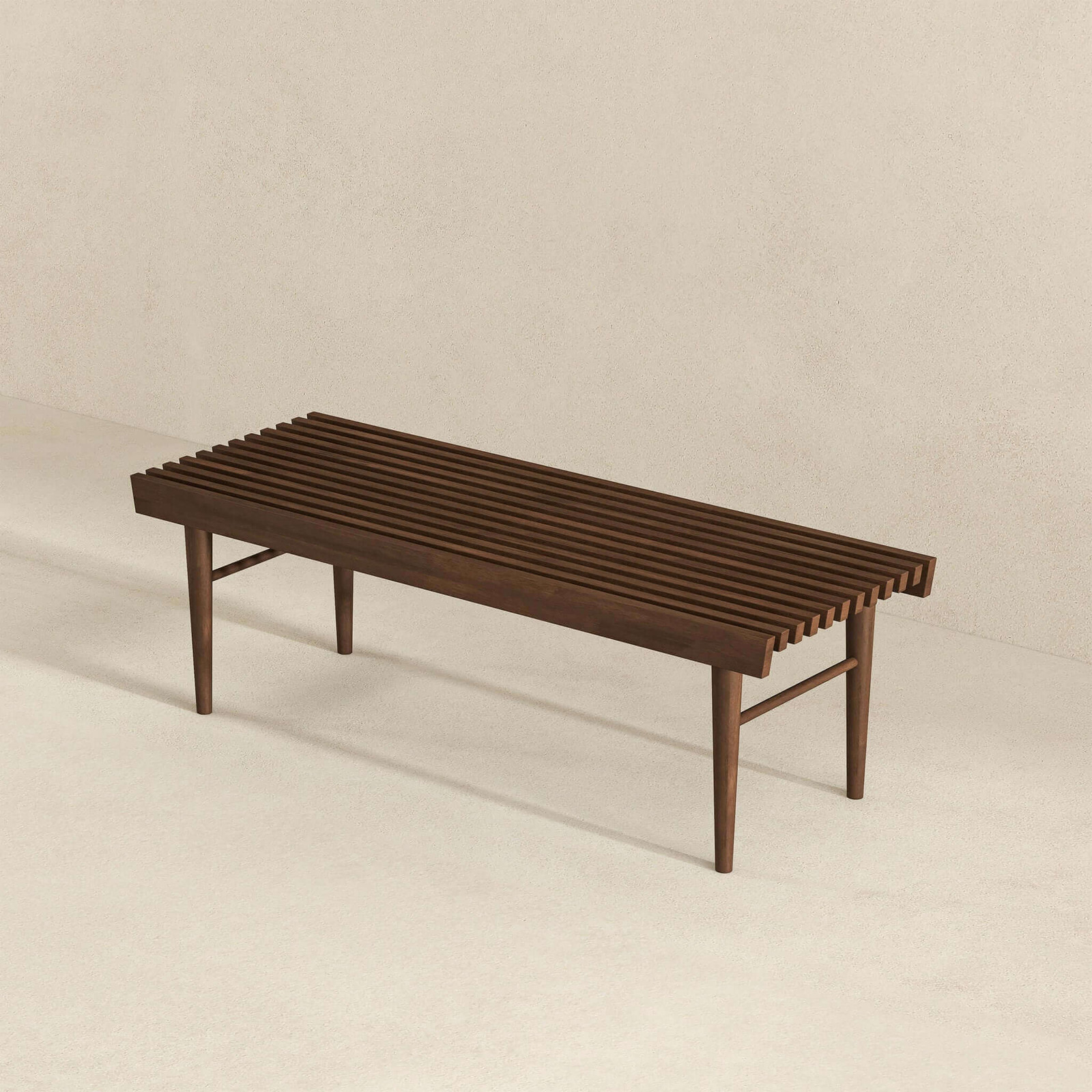 47.2 Inch Solid Wood Bench Natural Walnut Stain Mid Century Modern Design