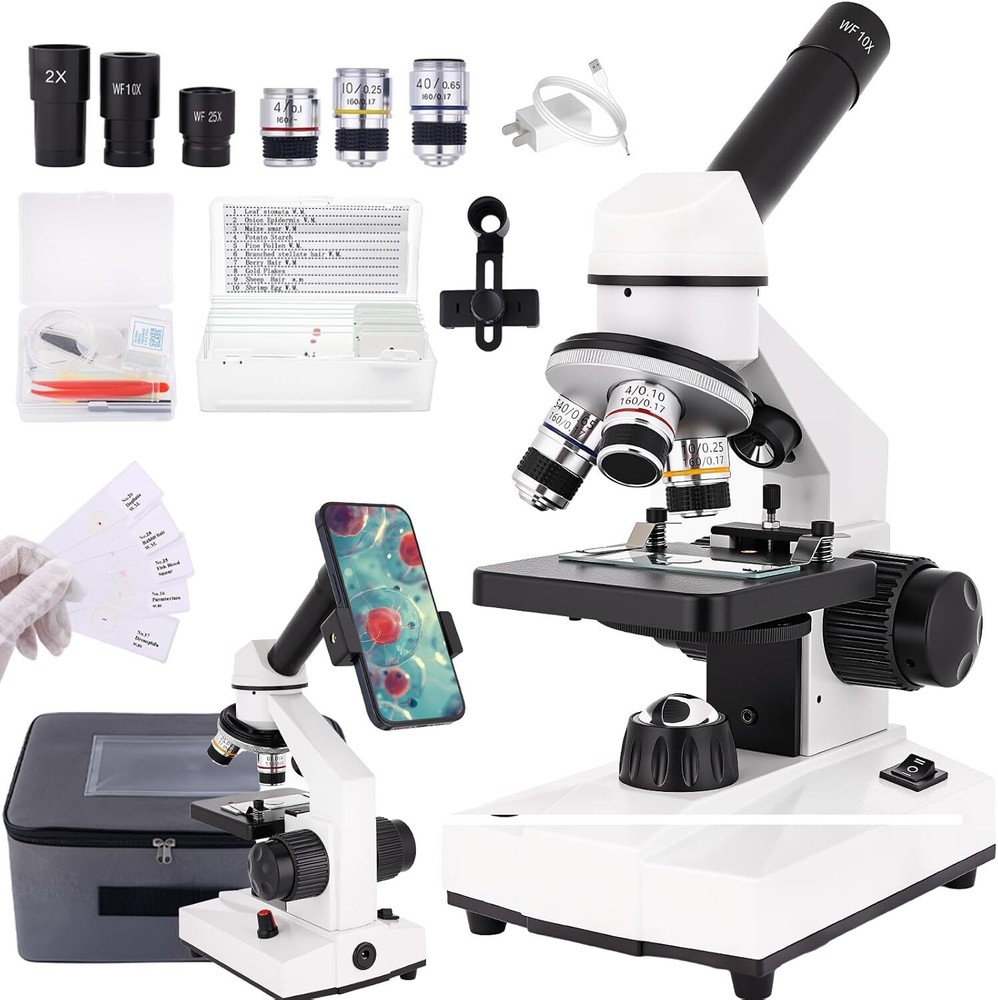 Compound Microscope, 2000x Magnification, with Smartphone Adapter, Slide Set, Du